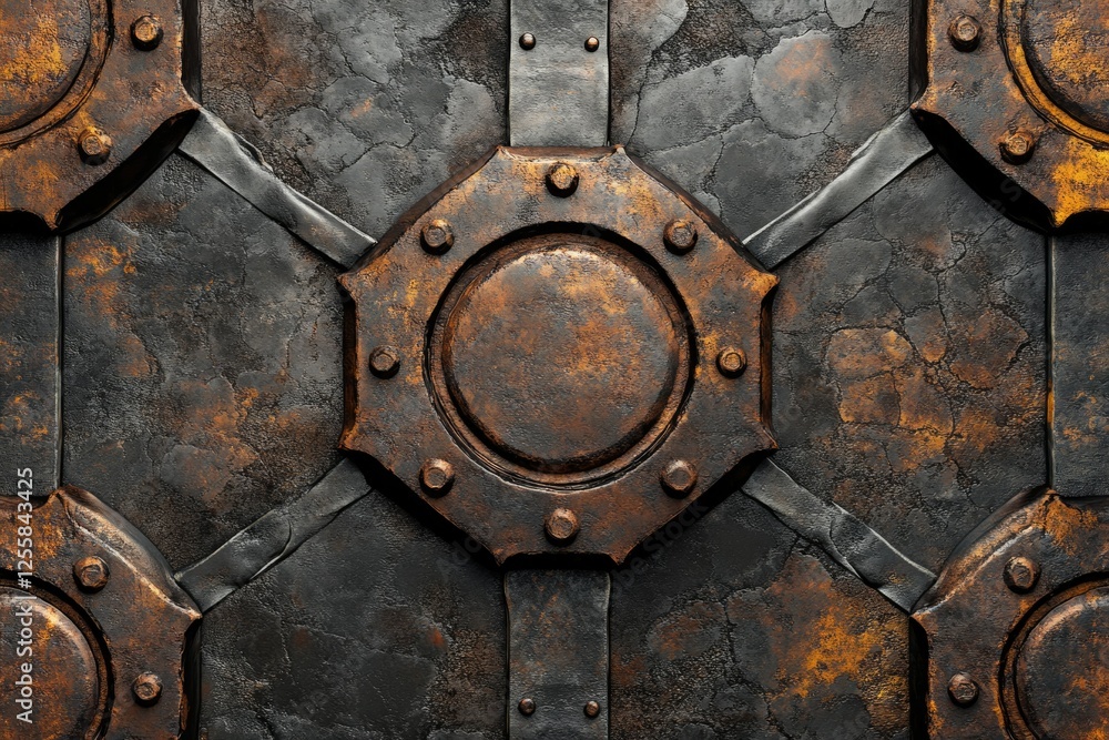 Rusty metallic texture with circular and geometric patterns, showing age and wear.