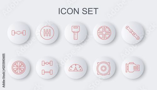 Set line Check engine, Alloy wheel, Car key with remote, audio speaker, Chassis car, Gear shifter, and Speedometer icon. Vector