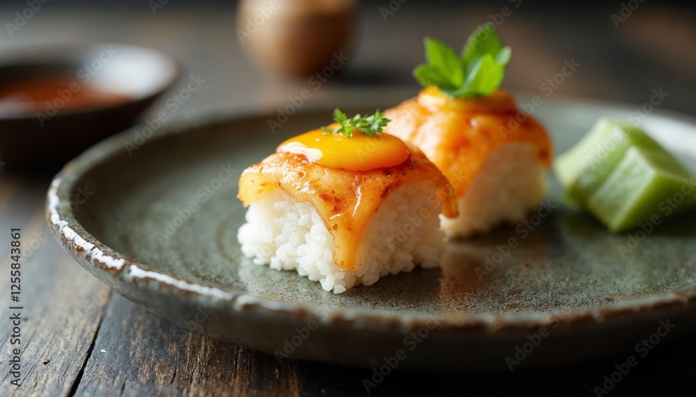 Elegant sushi dish with a tantalizing glaze on a rustic textured plate Elegant sushi dish with a tantalizing glaze on a rustic textured plate