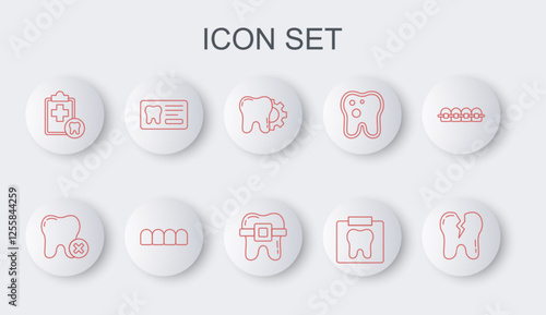 Set line Broken tooth, Tooth with caries, treatment procedure, X-ray of, Dental card, Dentures model and Teeth braces icon. Vector