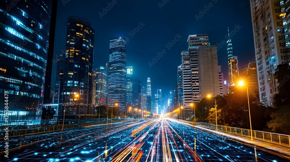 Dazzling Nighttime Urban Cityscape with Futuristic Illumination and Glowing Streets Dazzling Nighttime Urban Cityscape with Futuristic Illumination and Glowing Streets