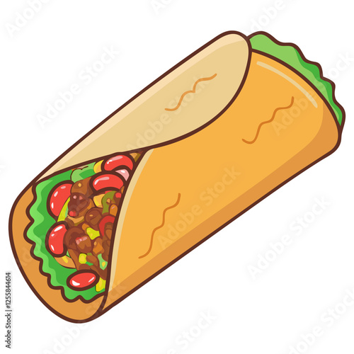 Vector Illustration of Wrap with Beans and Meat, A colorful vector image of a wrap filled with beans, meat, and lettuce, perfect for a hearty snack or meal.
