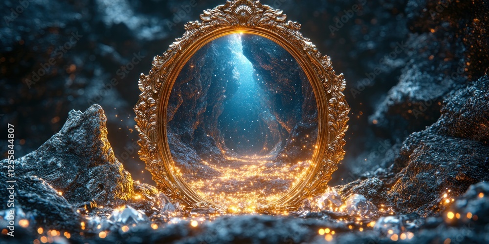 Obraz premium Mystical Golden Gateway: A Digital Art of Fantasy Portal