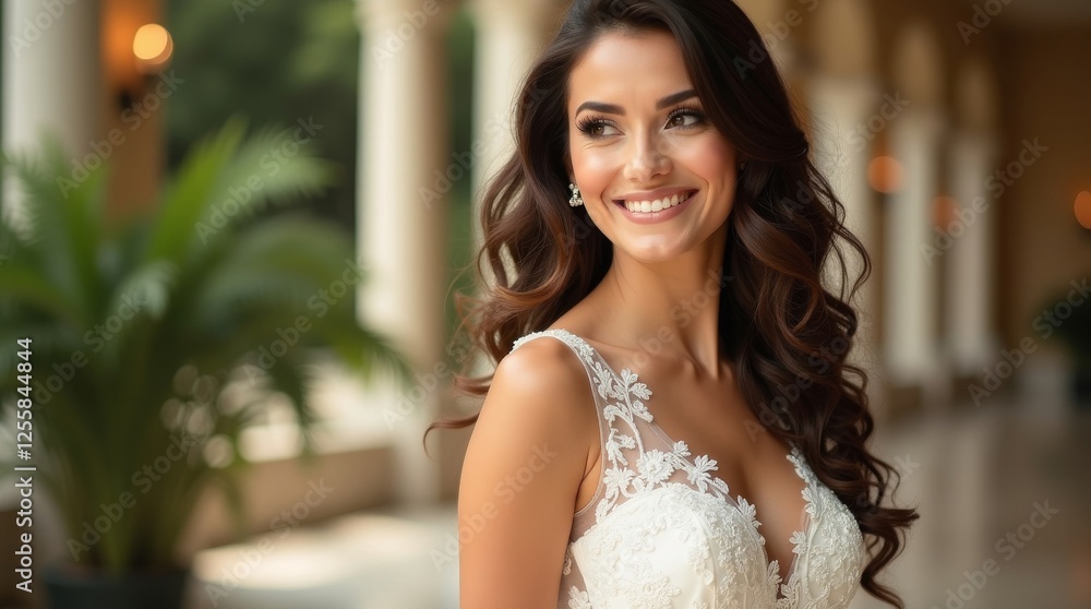A beautiful bride smiling in an elegant wedding gown, captured in a luxurious indoor setting with soft lighting and floral details, perfect for wedding and fashion themes A beautiful bride smiling in an elegant wedding gown, captured in a luxurious indoor setting with soft lighting and floral details, perfect for wedding and fashion themes