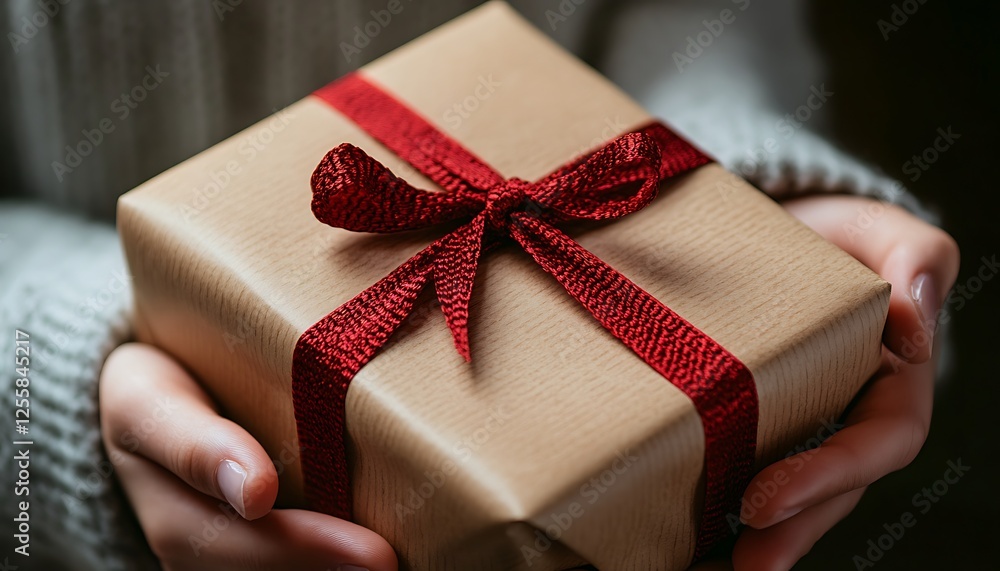 Close-up of hands holding a kraft paper gift box with a red ribbon. Close-up of hands holding a kraft paper gift box with a red ribbon.