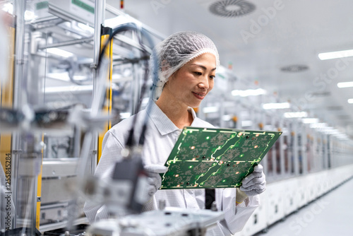 Slika na platnu Japanese engineer expert checking quality of electronics product in factory production line