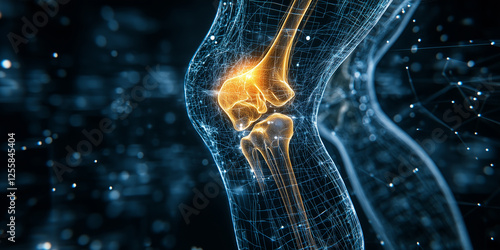 X-ray graphic design of knee joint with cartilage and bones highlighted in yellow, surrounded by blue lines and white waves, representing AI technology in orthopedic medical aesthetics.