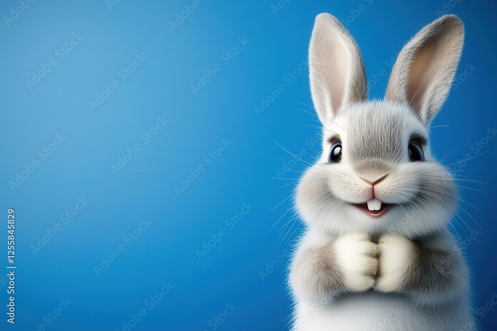happy easter and bunny decoration. Cute fluffy rabbit with a playful expression against a blue background. happy easter and bunny decoration. Cute fluffy rabbit with a playful expression against a blue background.
