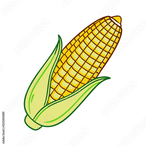 Fresh Corn on the Cob Illustration, A colorful vector illustration of a fresh ear of corn with yellow kernels and green husk, perfect for harvest themes.
