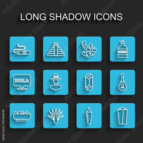 Set line Nachos in bowl, Agave, Cigar, Hot chili pepper pod, Burrito, Mexican man sombrero, guitar and icon. Vector