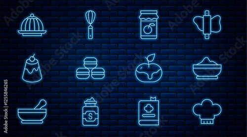 Set line Chef hat, Flour bowl, Jam jar, Macaron cookie, Pudding custard, Apple caramel and Kitchen whisk icon. Vector