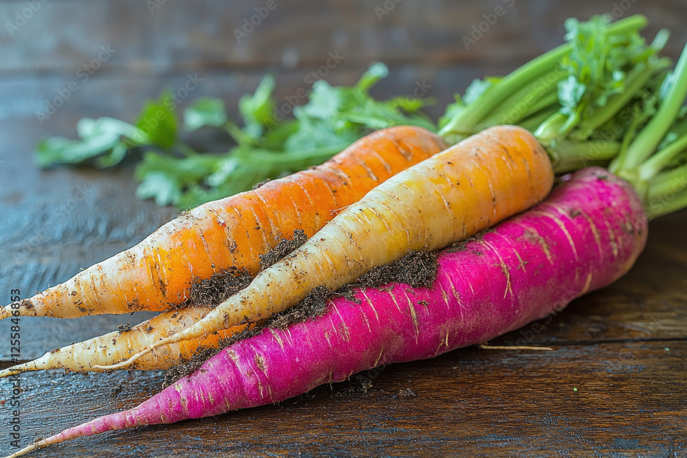 Colorful carrots with soil on rustic wood table, healthy eating concept Colorful carrots with soil on rustic wood table, healthy eating concept