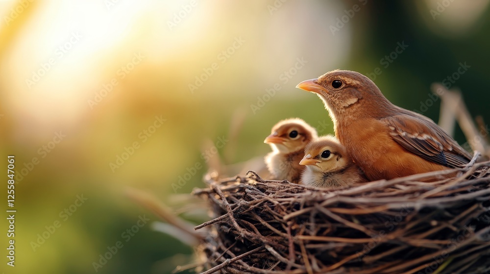 Baby Birds in Nest with Parent Bird in a Warm Sunrise Background Baby Birds in Nest with Parent Bird in a Warm Sunrise Background