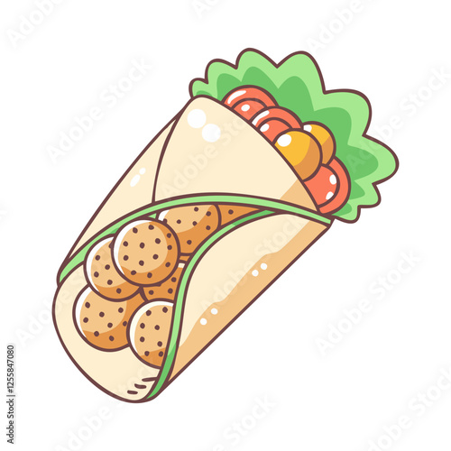 Falafel Wrap with Tomatoes and Lettuce Illustration, A colorful vector illustration of a falafel wrap filled with falafel, tomatoes, lettuce, and fresh ingredients.
