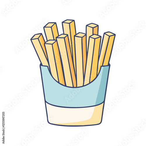 French Fries in Blue Container Vector Illustration, A simple vector illustration of crispy golden French fries served in a blue paper container, ideal for fast food lovers.
