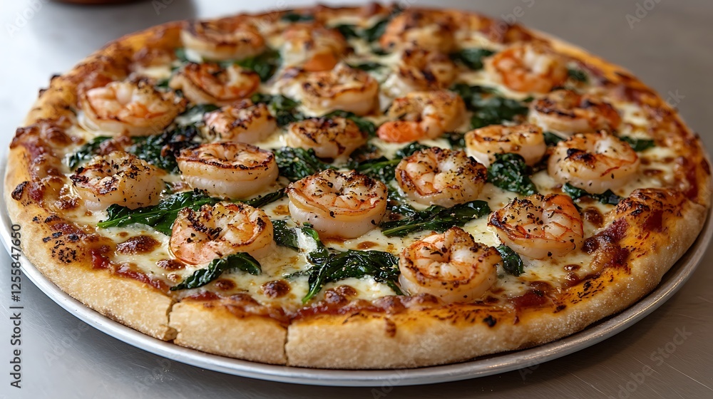 A fresh pizza with a white sauce base, grilled shrimp, and spinach, set against a transparent background A fresh pizza with a white sauce base, grilled shrimp, and spinach, set against a transparent background
