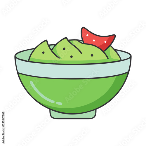 Vector Illustration of Guacamole with Tomato Garnish, A vector illustration of guacamole in a bowl, garnished with tomato slices, representing a fresh and flavorful dip.
