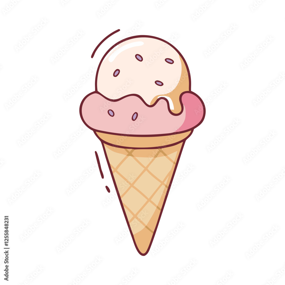 Vector Illustration of Ice Cream Cone with Two Flavors, A vector illustration of an ice cream cone with two scoops, one pink and one cream-colored, symbolizing a refreshing treat.
Vector Illustration of Ice Cream Cone with Two Flavors, A vector illustration of an ice cream cone with two scoops, one pink and one cream-colored, symbolizing a refreshing treat.