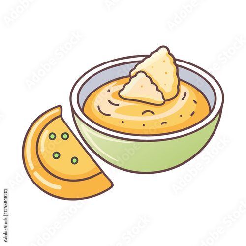 Vector Illustration of Hummus with Pita Bread, A vector illustration of a bowl of creamy hummus served with a slice of pita bread, representing a savory snack.
