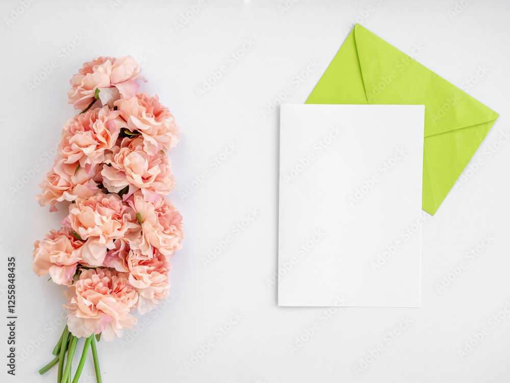 desktop mock-up scene. feminine stationery. Blank greeting card, green envelope, pink flowers. White table backgrounf. Flat lay, top view, copy space desktop mock-up scene. feminine stationery. Blank greeting card, green envelope, pink flowers. White table backgrounf. Flat lay, top view, copy space