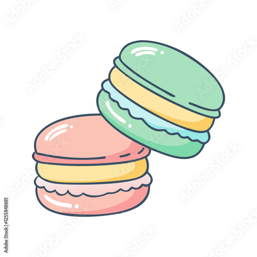 Vector Illustration of Pink and Green Macarons, A vector illustration of pink and green macarons filled with cream, symbolizing a sweet, colorful dessert treat.
