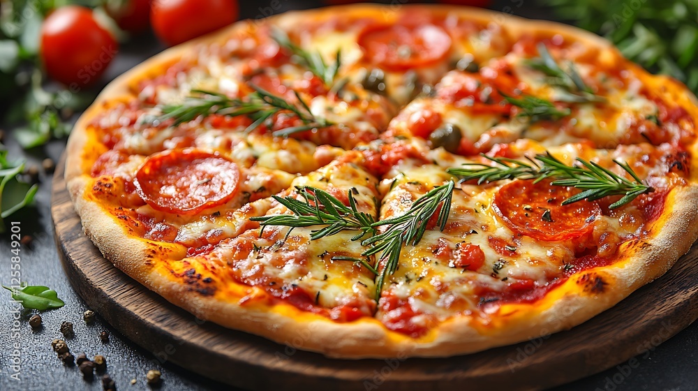 A freshly baked pizza with melted cheese, pepperoni slices, and a golden-brown crust, set against a transparent background A freshly baked pizza with melted cheese, pepperoni slices, and a golden-brown crust, set against a transparent background