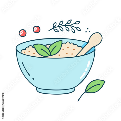 Vector Illustration of Healthy Bowl of Oatmeal, A vector illustration featuring a bowl of oatmeal with leaves, berries, and a wooden spoon, symbolizing healthy eating.
