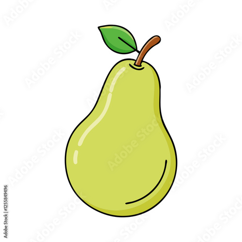 Vector illustration of a fresh pear, A colorful vector illustration of a ripe green pear with a stem and leaf, highlighting its smooth texture.
