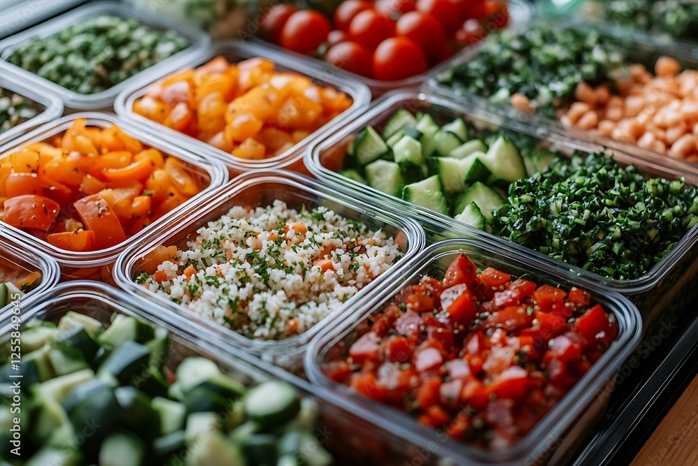 Colorful fresh salad bar with various chopped vegetables and grains in clear containers. Colorful fresh salad bar with various chopped vegetables and grains in clear containers.