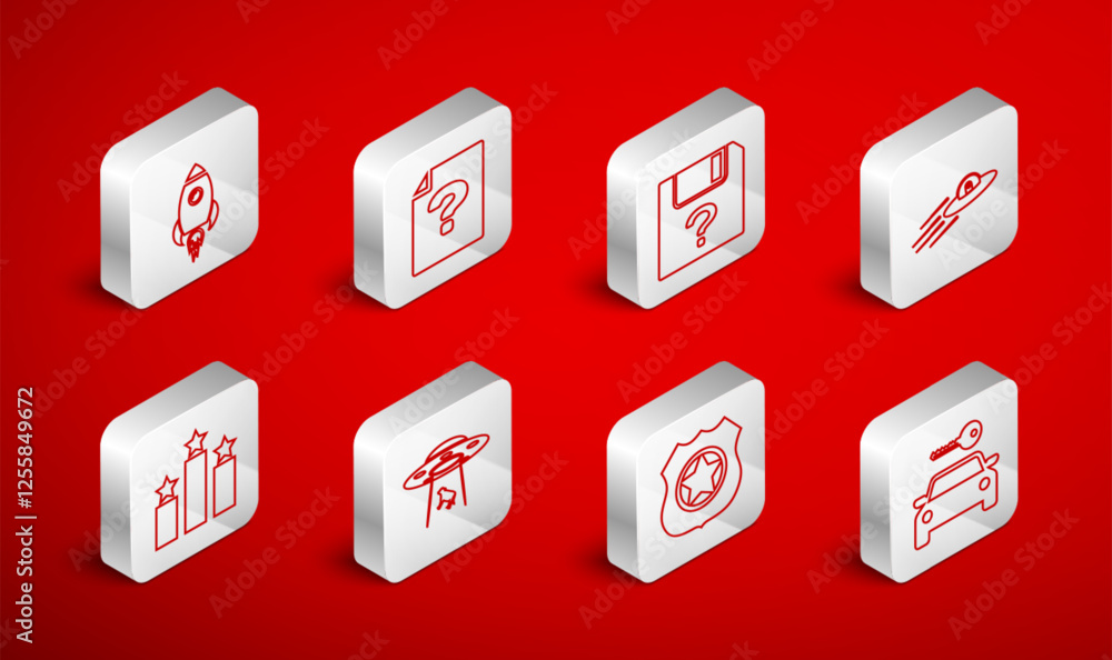 Set line Car rental, Unknown document, UFO flying spaceship and alien, Police badge, Rocket with fire, abducts cow and Ranking star icon. Vector Set line Car rental, Unknown document, UFO flying spaceship and alien, Police badge, Rocket with fire, abducts cow and Ranking star icon. Vector