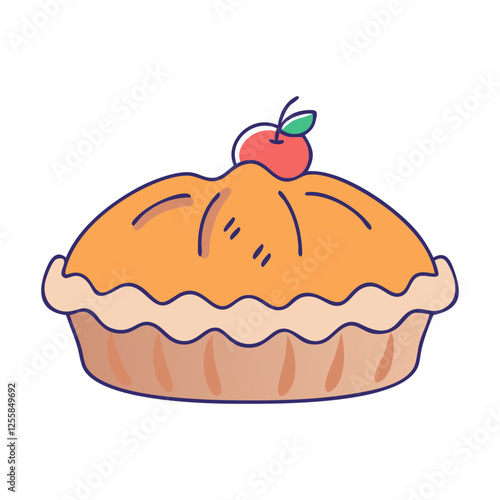 Vector illustration of a freshly baked apple pie, A vibrant vector illustration of a freshly baked apple pie, topped with a small apple, showcasing its golden crust.
