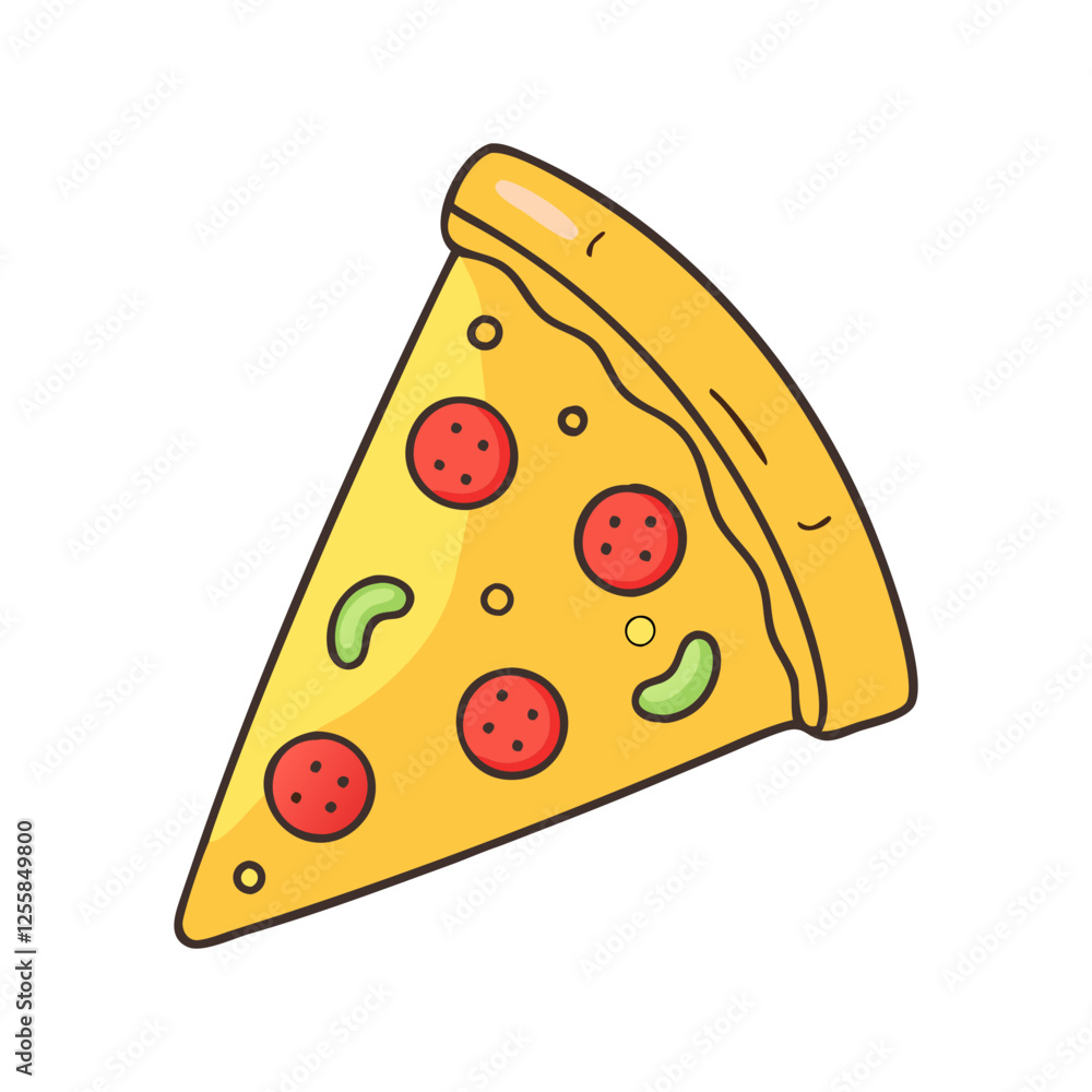 Vector illustration of a pepperoni pizza slice with vegetables, A fun vector illustration of a pizza slice topped with pepperoni, green peppers, and cheese for a savory treat.
Vector illustration of a pepperoni pizza slice with vegetables, A fun vector illustration of a pizza slice topped with pepperoni, green peppers, and cheese for a savory treat.