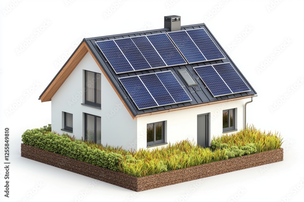 Modern house with solar panels and greenery Modern house with solar panels and greenery