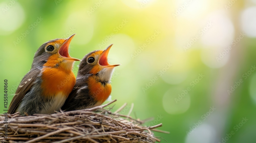 Nesting Baby Birds Cheering in Natural Habitat with Soft Green Background Nesting Baby Birds Cheering in Natural Habitat with Soft Green Background