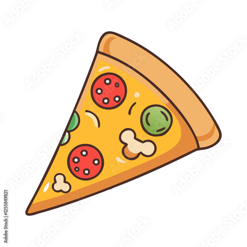 Vector illustration of a pizza slice with toppings, A colorful vector illustration of a pizza slice topped with pepperoni, green peppers, and cheese.
