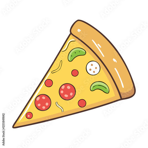 Vector illustration of a pizza slice with toppings, A colorful vector illustration of a pizza slice topped with pepperoni, vegetables, and melted cheese.
