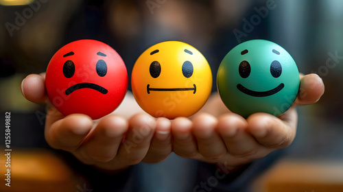 Businessperson showing feedback with red, yellow and green balls