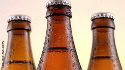 Close-up of beer bottles. Brown glass bottles filled with golden beer, embodying the essence of an alcoholic beverage, summer refreshment, and the spirit of Oktoberfest