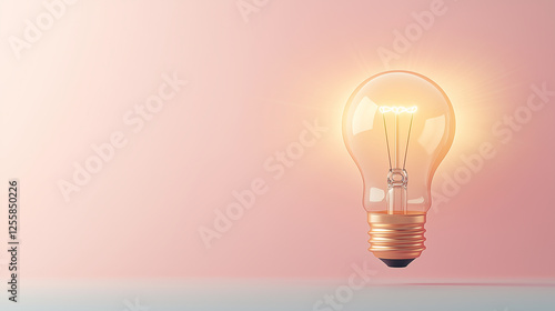 A minimalistic concept of a single golden idea bulb floating above a smooth gradient background, casting soft light rays, with ample copy space