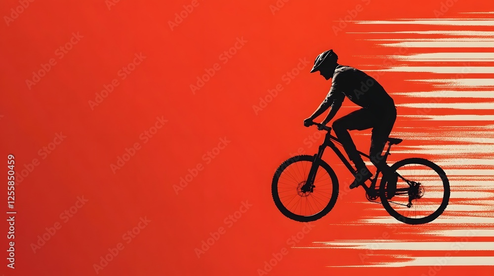 Silhouetted Cyclist Rides Rapidly Against Vibrant Red Background Silhouetted Cyclist Rides Rapidly Against Vibrant Red Background