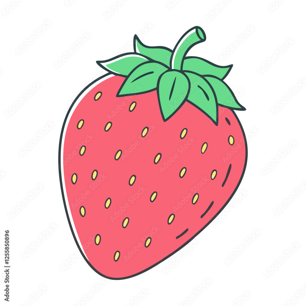 Obraz premium Illustration of a Fresh Ripe Strawberry, Vector illustration of a ripe and fresh strawberry with vibrant red color and green leaves.