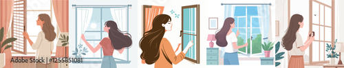 a set of vector women opening the window