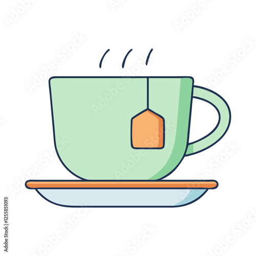 Illustration of a Steaming Cup of Tea with Tea Bag, Vector illustration of a steaming cup of tea with a tea bag on a saucer, designed with a soothing and clean style.
