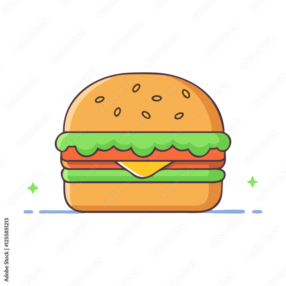 Illustration of a Cheeseburger with Lettuce and Tomato, Vector illustration of a cheeseburger with lettuce, tomato, and a slice of cheese on a sesame seed bun.
Illustration of a Cheeseburger with Lettuce and Tomato, Vector illustration of a cheeseburger with lettuce, tomato, and a slice of cheese on a sesame seed bun.