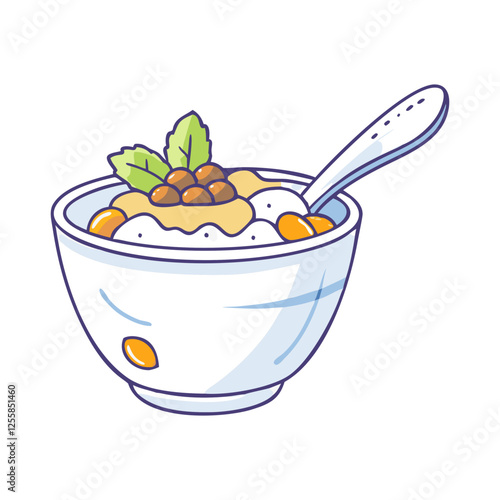 Illustration of Yogurt with Nuts and Mint, Vector illustration of a bowl of yogurt topped with nuts and mint leaves, accompanied by a spoon.
