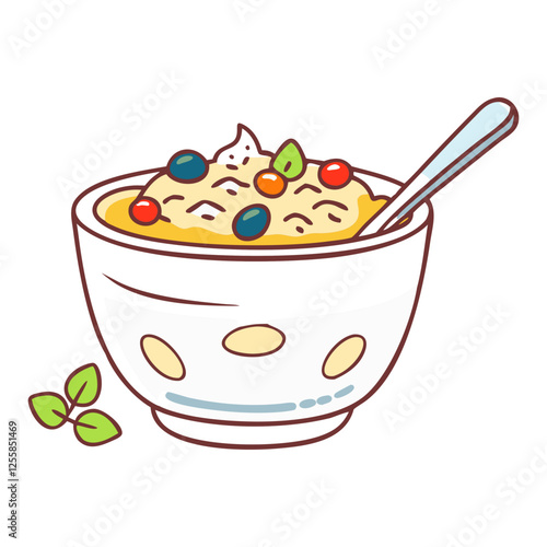 Illustration of Oatmeal with Fruit and Mint-Vector illustration of a bowl of oatmeal topped with colorful fruit, yogurt, and mint leaves, with a spoon.
