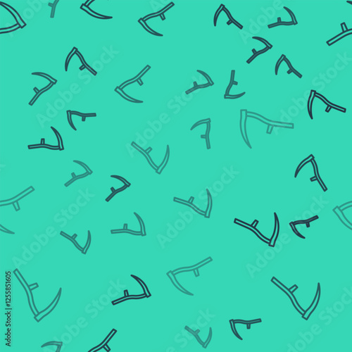 Black line Scythe icon isolated seamless pattern on green background. Happy Halloween party. Vector