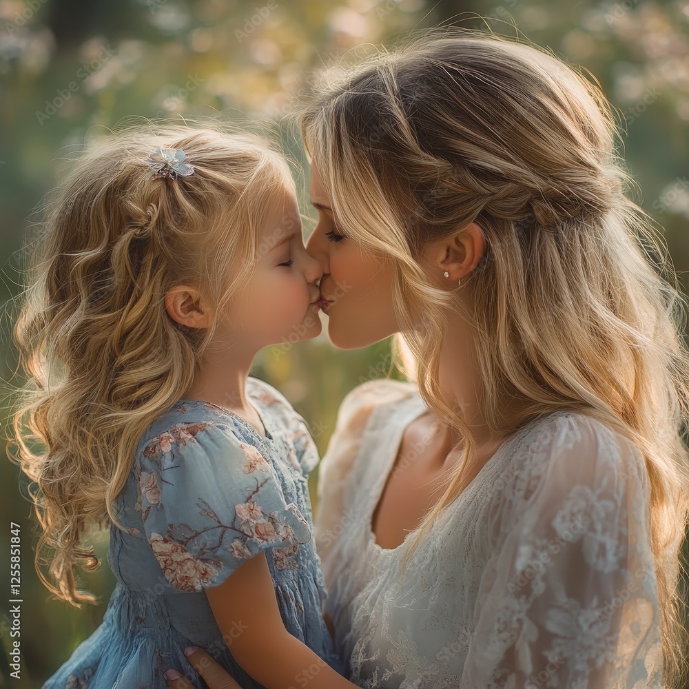 Tender Moment Between Mother and Daughter in a Sunlit Natural Setting Tender Moment Between Mother and Daughter in a Sunlit Natural Setting