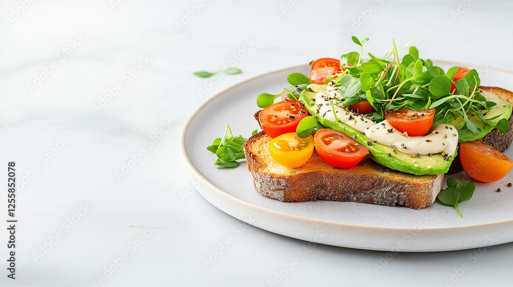 Avocado Toast Delight: A vibrant and healthy avocado toast topped with juicy cherry tomatoes, creamy avocado, and fresh microgreens, served on a rustic slice of bread. Avocado Toast Delight: A vibrant and healthy avocado toast topped with juicy cherry tomatoes, creamy avocado, and fresh microgreens, served on a rustic slice of bread.