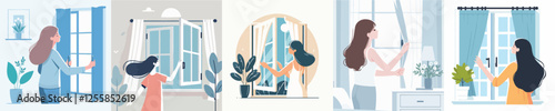 a set of vector women opening the window